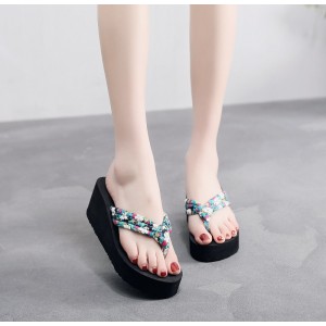 Platform Thong Thick Soled Strappy Women Bath Slippers - Green
