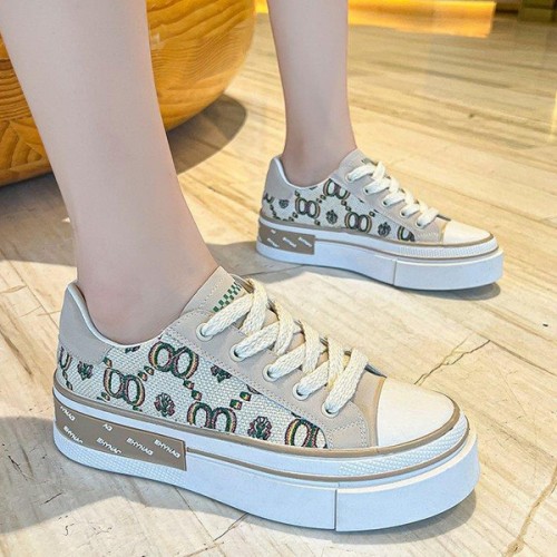 Soft Sporty Low Cut Lace Up Walking Canvas Ladies Sneakers - Beige image