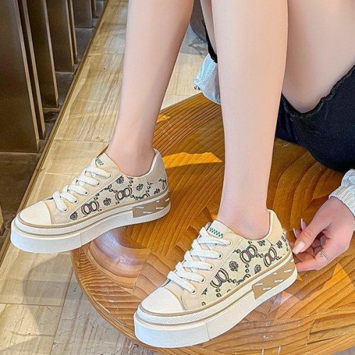 Soft Sporty Low Cut Lace Up Walking Canvas Ladies Sneakers - Beige image