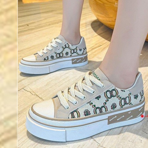 Soft Sporty Low Cut Lace Up Walking Canvas Ladies Sneakers - Beige image