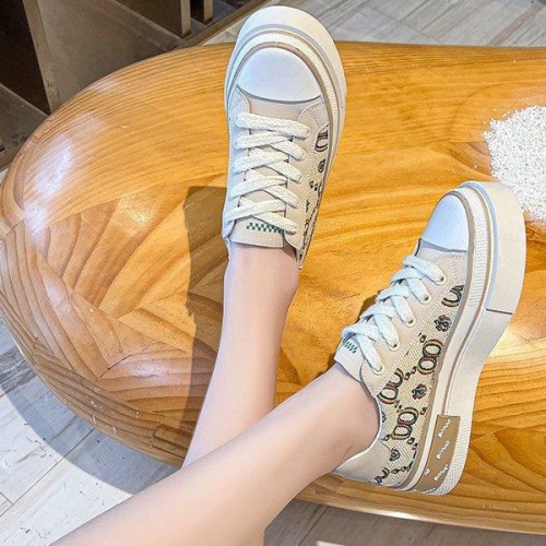 Soft Sporty Low Cut Lace Up Walking Canvas Ladies Sneakers - Beige image