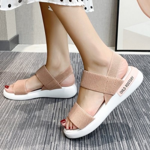 Comfy Open Toe Strappy Elastic Mesh Flat Sports Sandals - Pink image