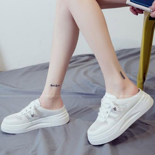 Breathable Canvas Open Heels Slip On Flat Lace Up Sneakers - White image