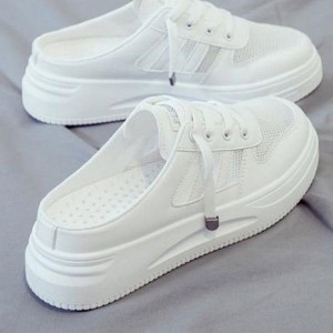 Breathable Canvas Open Heels Slip On Flat Lace Up Sneakers - White