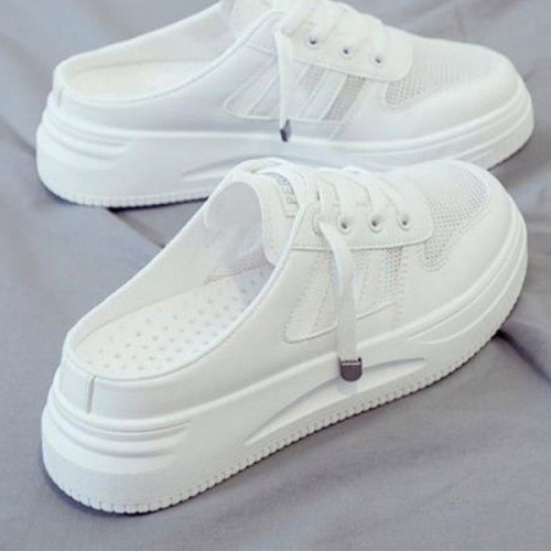 Breathable Canvas Open Heels Slip On Flat Lace Up Sneakers - White image
