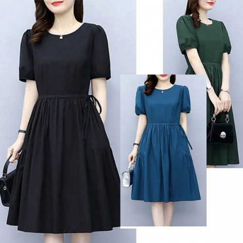 Solid Color Round Neck Puff Sleeves Tie Knot A Line Skirt Midi Dress - Black image