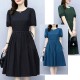 Solid Color Round Neck Puff Sleeves Tie Knot A Line Skirt Midi Dress - Black image