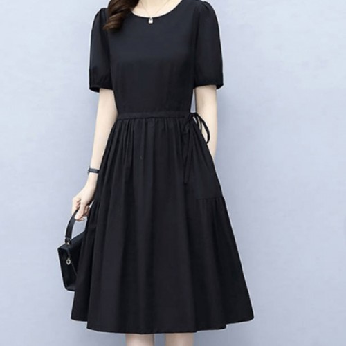 Solid Color Round Neck Puff Sleeves Tie Knot A Line Skirt Midi Dress - Black image