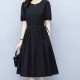 Solid Color Round Neck Puff Sleeves Tie Knot A Line Skirt Midi Dress - Black image