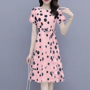 Graceful A-Line Short-Sleeve Round-Neck Polka Dots Tie Knot Midi Dress - Pink