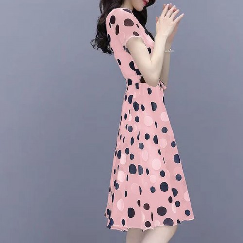 Graceful A-Line Short-Sleeve Round-Neck Polka Dots Tie Knot Midi Dress - Pink image