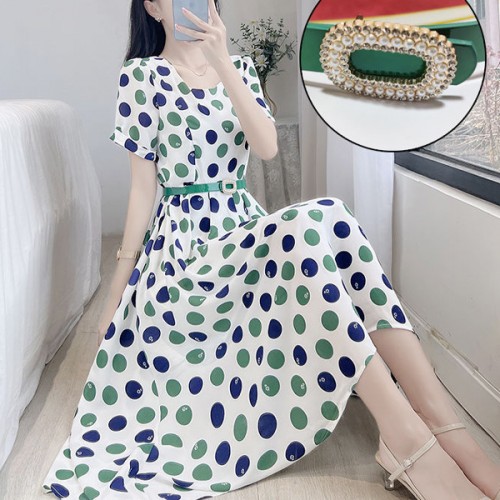 Retro Style A-Line Short-Sleeve Polka Dots High Waist Skirt Midi Dress - White image