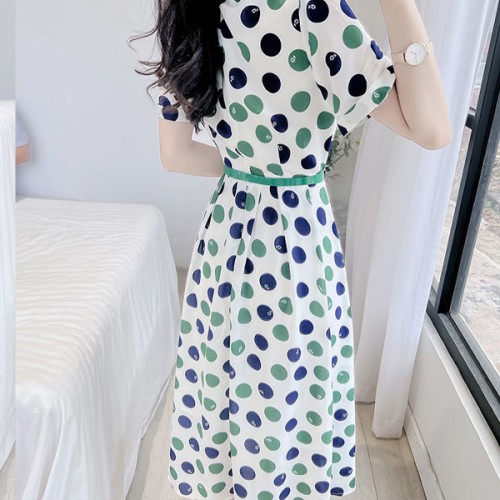 Retro Style A-Line Short-Sleeve Polka Dots High Waist Skirt Midi Dress - White image