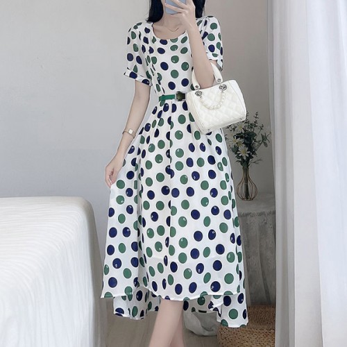 Retro Style A-Line Short-Sleeve Polka Dots High Waist Skirt Midi Dress - White image