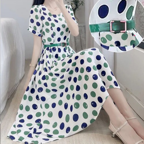 Retro Style A-Line Short-Sleeve Polka Dots High Waist Skirt Midi Dress - White image