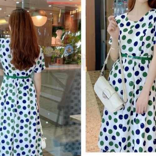 Retro Style A-Line Short-Sleeve Polka Dots High Waist Skirt Midi Dress - White image
