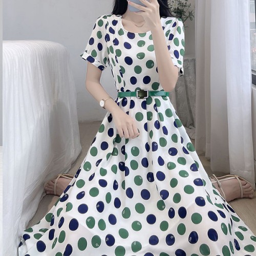 Retro Style A-Line Short-Sleeve Polka Dots High Waist Skirt Midi Dress - White image
