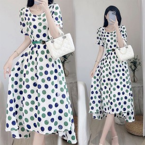 Retro Style A-Line Short-Sleeve Polka Dots High Waist Skirt Midi Dress - White