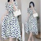 Retro Style A-Line Short-Sleeve Polka Dots High Waist Skirt Midi Dress - White image