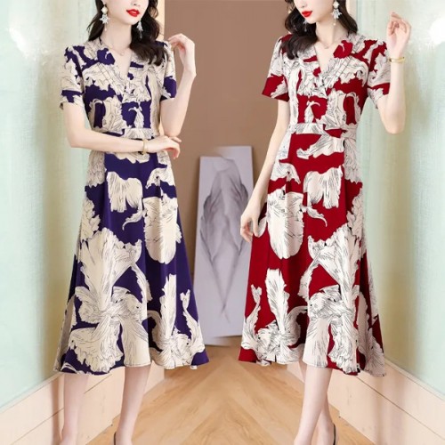 Elegant Style V-neck Floral A-line Tie Knot Women Skirt Midi Dress - Red image