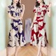 Elegant Style V-neck Floral A-line Tie Knot Women Skirt Midi Dress - Red image