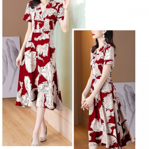 Elegant Style V-neck Floral A-line Tie Knot Women Skirt Midi Dress - Red image