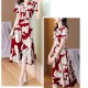 Elegant Style V-neck Floral A-line Tie Knot Women Skirt Midi Dress - Red image