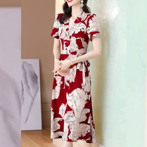 Elegant Style V-neck Floral A-line Tie Knot Women Skirt Midi Dress - Red image
