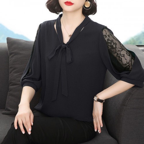 Super Fairy V-neck Pullover Bowknot Loose Belly Covering Women Tops - Black image