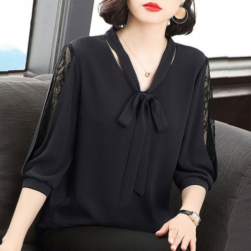 Super Fairy V-neck Pullover Bowknot Loose Belly Covering Women Tops - Black image