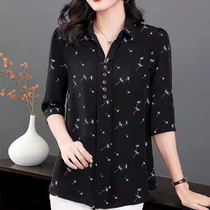 Elegant Button Spliced Lapel Collar Floral Printed Women Tops - Black