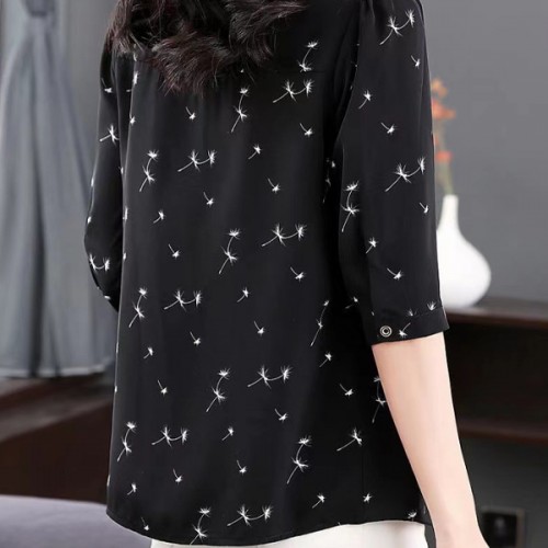 Elegant Button Spliced Lapel Collar Floral Printed Women Tops - Black image
