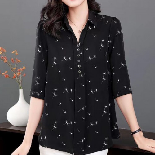 Elegant Button Spliced Lapel Collar Floral Printed Women Tops - Black image