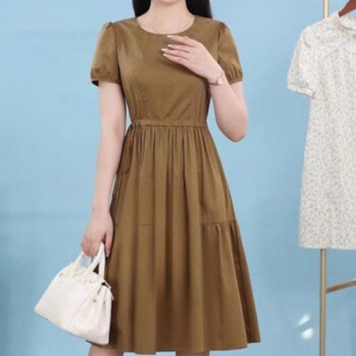 Solid Color Round Neck Puff Sleeves Tie Knot A Line Skirt Midi Dress - Brown image