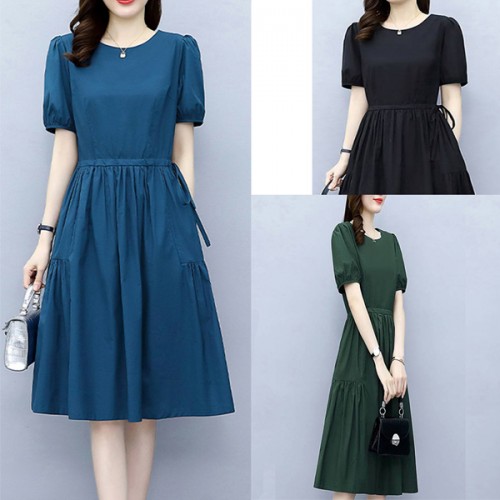 Solid Color Round Neck Puff Sleeves Tie Knot A Line Skirt Midi Dress - Blue image