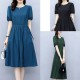 Solid Color Round Neck Puff Sleeves Tie Knot A Line Skirt Midi Dress - Blue image