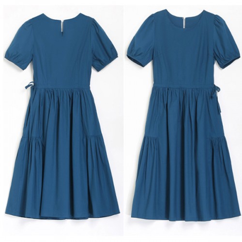 Solid Color Round Neck Puff Sleeves Tie Knot A Line Skirt Midi Dress - Blue image