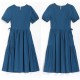 Solid Color Round Neck Puff Sleeves Tie Knot A Line Skirt Midi Dress - Blue image
