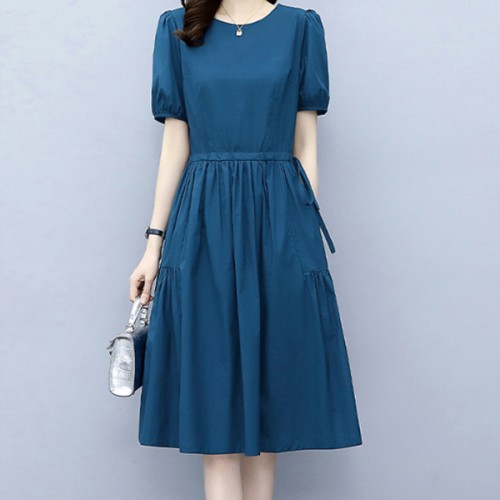 Solid Color Round Neck Puff Sleeves Tie Knot A Line Skirt Midi Dress - Blue image