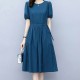 Solid Color Round Neck Puff Sleeves Tie Knot A Line Skirt Midi Dress - Blue image