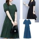 Solid Color Round Neck Puff Sleeves Tie Knot A Line Skirt Midi Dress - Green image