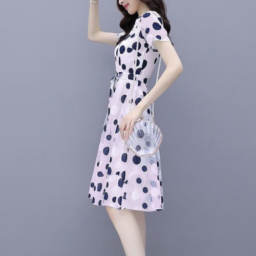 Graceful A-Line Short-Sleeve Round-Neck Polka Dots Tie Knot Midi Dress - Purple image