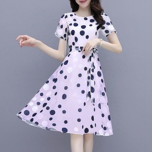 Graceful A-Line Short-Sleeve Round-Neck Polka Dots Tie Knot Midi Dress - Purple