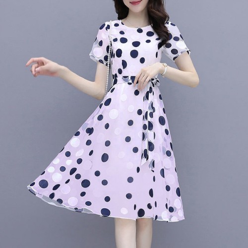 Graceful A-Line Short-Sleeve Round-Neck Polka Dots Tie Knot Midi Dress - Purple image