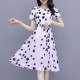 Graceful A-Line Short-Sleeve Round-Neck Polka Dots Tie Knot Midi Dress - Purple image