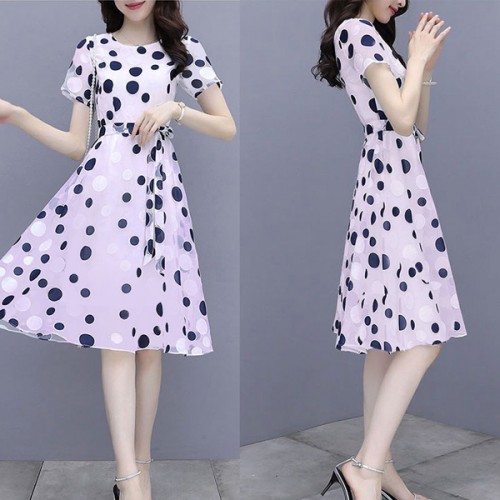 Graceful A-Line Short-Sleeve Round-Neck Polka Dots Tie Knot Midi Dress - Purple image