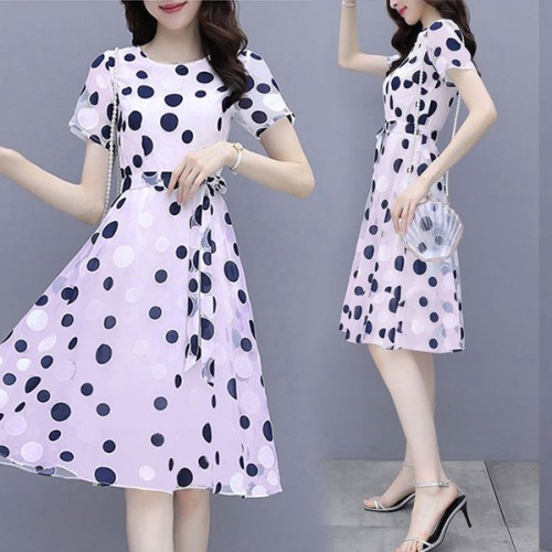 Graceful A-Line Short-Sleeve Round-Neck Polka Dots Tie Knot Midi Dress - Purple image