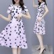 Graceful A-Line Short-Sleeve Round-Neck Polka Dots Tie Knot Midi Dress - Purple image