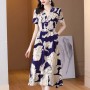 Elegant Style V-neck Floral A-line Tie Knot Women Skirt Midi Dress - Blue