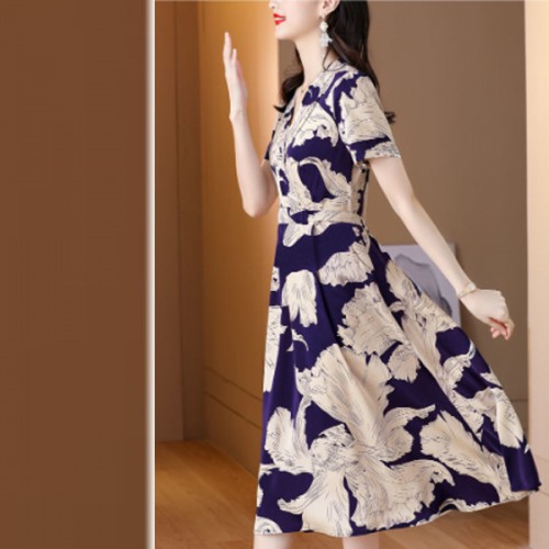 Elegant Style V-neck Floral A-line Tie Knot Women Skirt Midi Dress - Blue image
